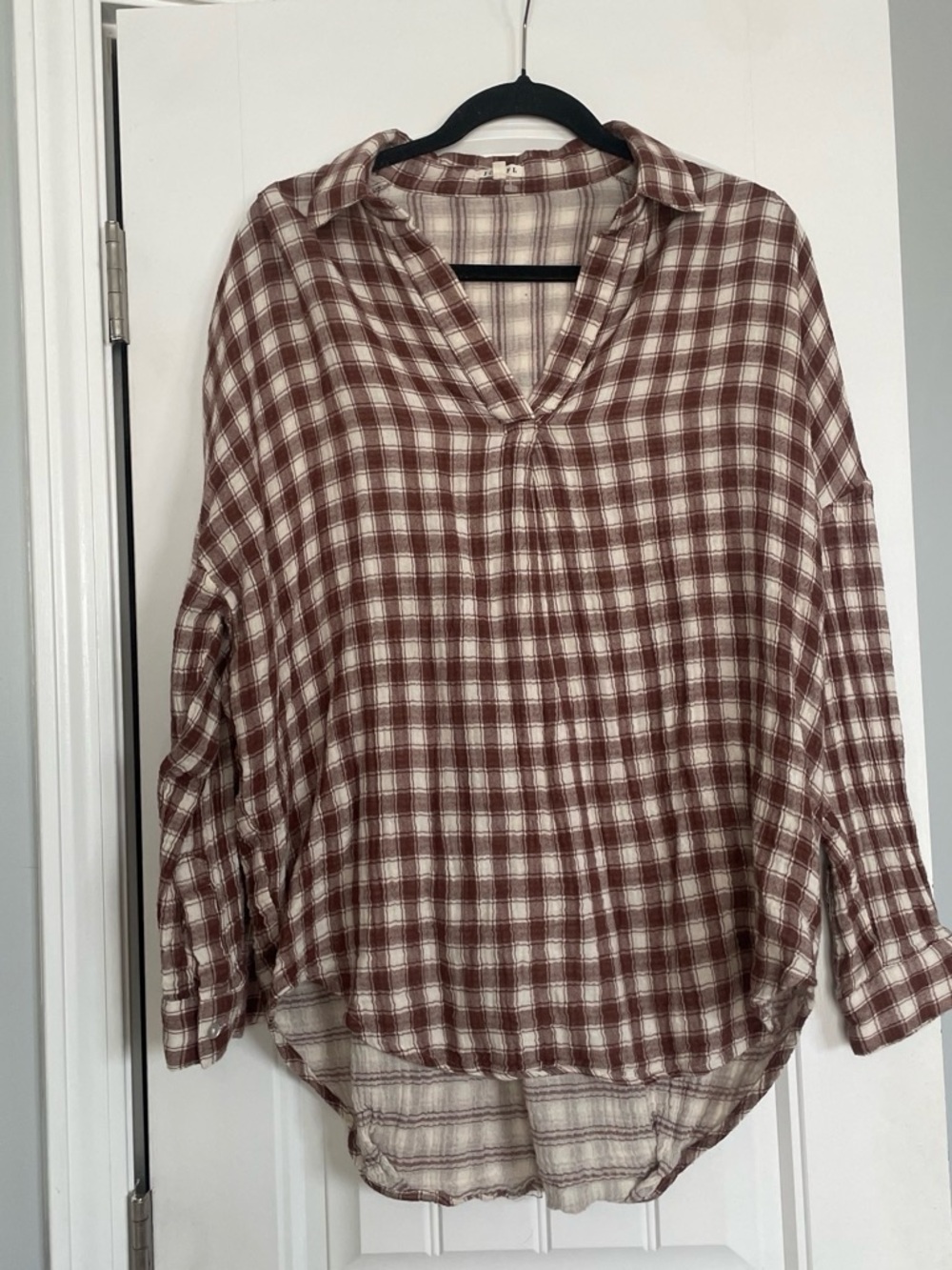 Jodifl Womens Large Brown Plaid V Neck Boho Blouse Boutique Top